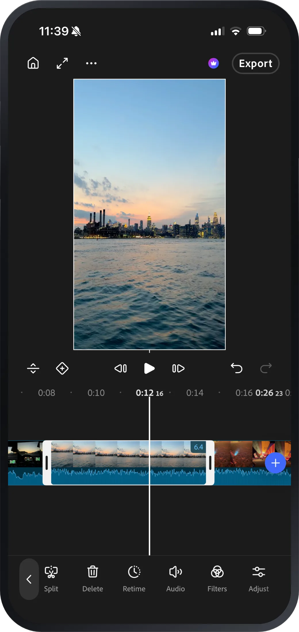 Premiere on iPhone mid-edit on a New York skyline reel
