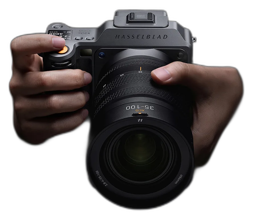 Hasselblad X2D II held in two hands, ready to shoot